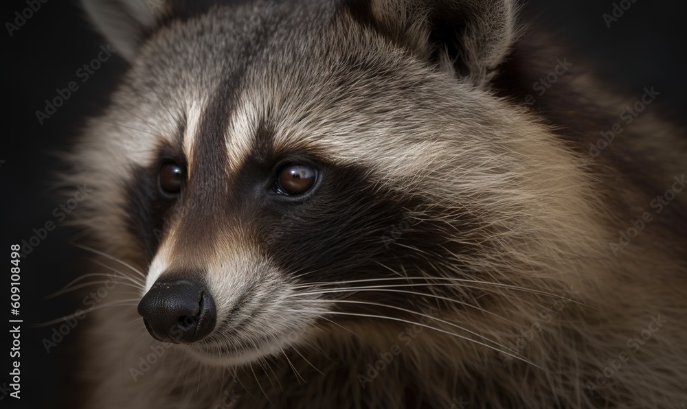  a raccoon looking at the camera with a black background.  generative ai