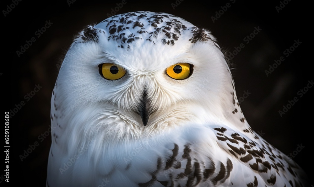 Obraz premium a white owl with yellow eyes is looking at the camera. generative ai