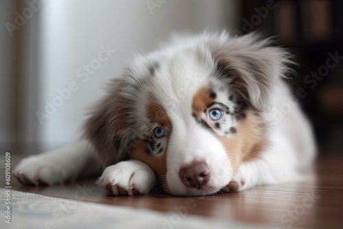 Australian shepherd puppy with blue eyes lying on the floor at home. AI Generated