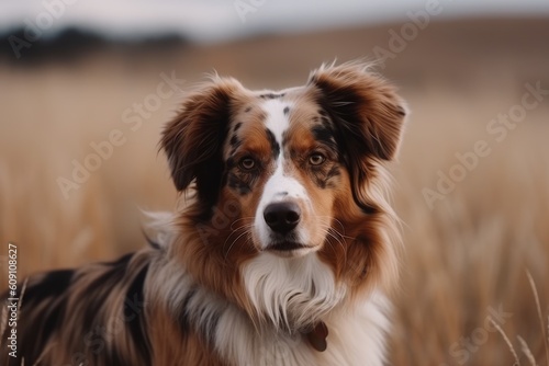 Australian shepherd dog in the field. Beautiful Australian Shepherd dog portrait. AI Generated