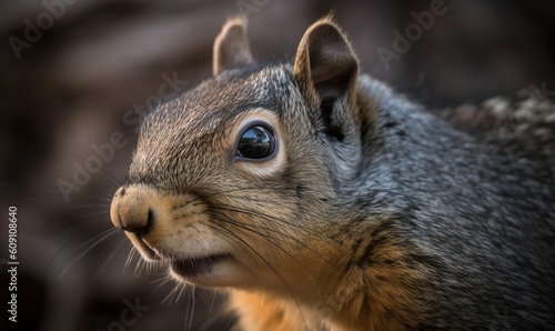  a close up of a squirrel's face with a blurry background.  generative ai © Anna