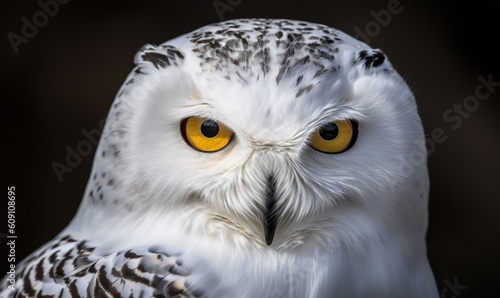  a white owl with yellow eyes is looking at the camera.  generative ai © Anna
