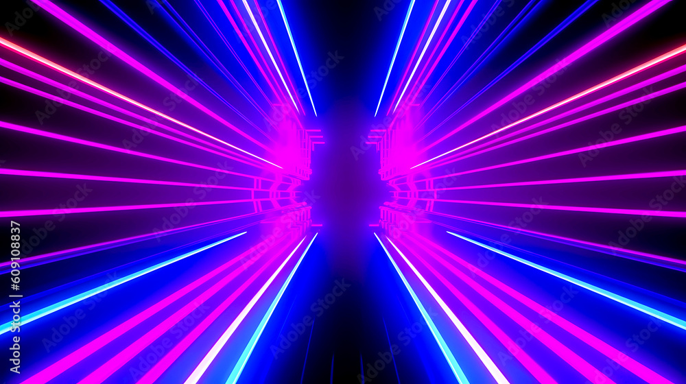 Abstract background with glowing neon lines in blue and ultraviolet colors. Synthwave retro futuristic design with grids, AI generated	
 - obrazy, fototapety, plakaty 
