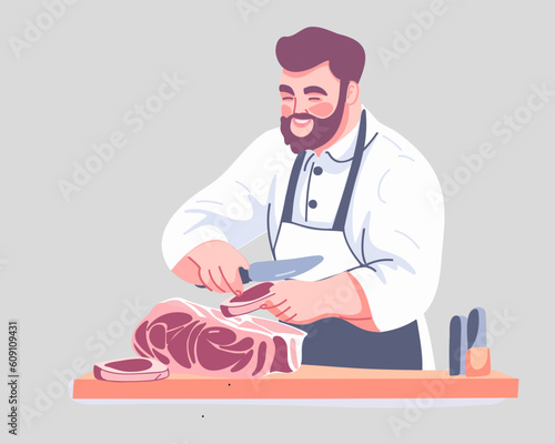 Male butcher chef cuts meat, vector illustration