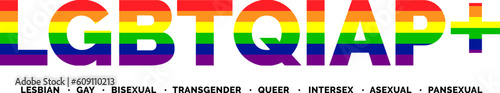 LGBTQIAP+ Text Banner. LGBTQIAP+ Typography with LGBT Pride Flag Colours. Lesbian Gay Bisexual Transgender Queer Intersex Asexual pansexual