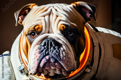 Digital photo of an English bulldog astronaut inside the space station. Generative AI