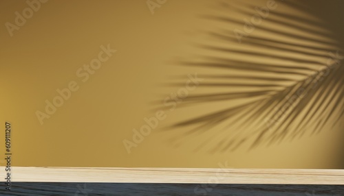 Abstract gradient studio background for product presentation. Empty room with shadows of window and flowers and palm leaves .