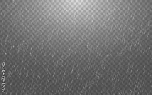 Rain on transparent background. Falling water droplets. Heavy rain with drops. Rainy day template. Autumn weather with rainfall. Spring warm rain. Vector illustration