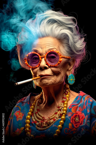 Old wrinkled fashionable woman in glasses smoking a cigarette .AI generated.