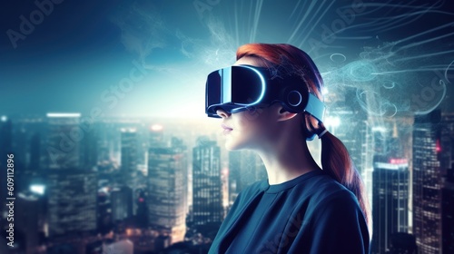  Generative AI Girl Experiencing virtual technology world