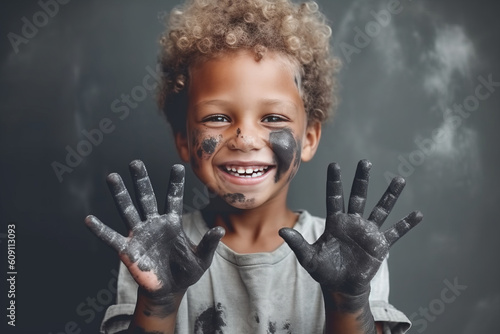 Cheerful boy with painted hands. Created with Ai