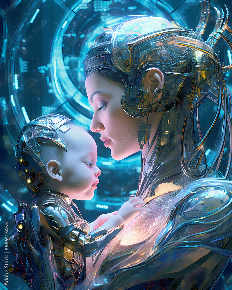 robot mother and baby on a modern technologic environment - Artificial intelligence concept illustration. Generative AI