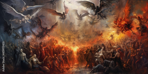 heaven and hell with many lost souls, angels fight, background image photo