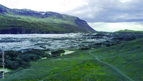 Aerial view of the beautiful polar landscape of Iceland glacier. Nature background for tourism, design and advertising