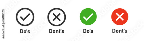 Do's and dont's icon on light background. Positive, negative symbol. Instruction, work, green chek mark, red cross. Outline, flat and colored style. Flat design. Vector illustration