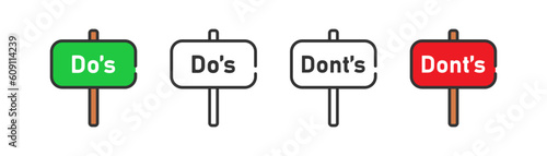 Do's and dont's badge icon on light background. Vote symbol. Anouncement, ui, perfomance review. Outline, flat and colored style. Flat design. Vector illustration