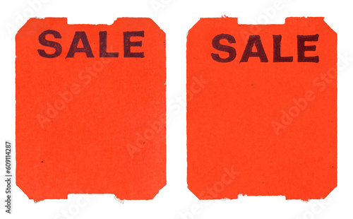 Vintage (1990s) fluorescent orange sale price stickers on transparent background.
