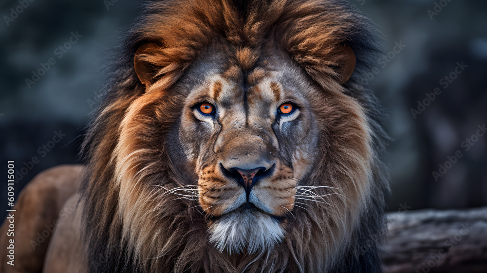 Fototapeta premium Lion power and majesty emphasized by a telephoto lens. Generative AI