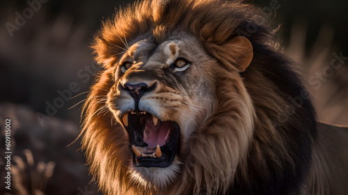 Lion power and majesty emphasized by a telephoto lens. Generative AI