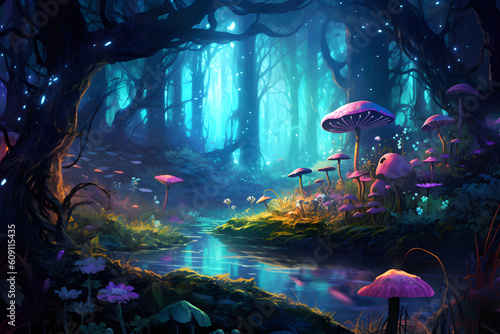 Mystical forest bathed in ethereal moonlight, where vibrant bioluminescent flora illuminates the surroundings with a captivating glow. Generative AI