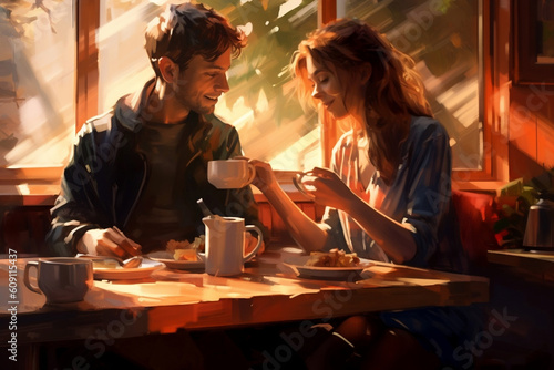 Man and woman during during breakfast in a sunny morning. Young couple