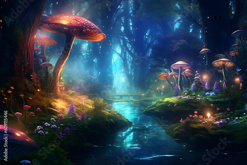 Mystical forest bathed in ethereal moonlight, where vibrant bioluminescent flora illuminates the surroundings with a captivating glow. Generative AI