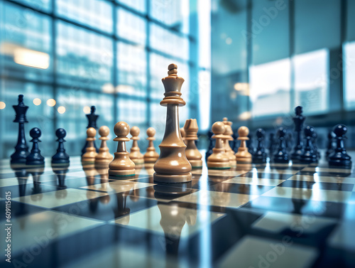 Chess board as an analogy to strategical decisions in business environment. Generative AI photo