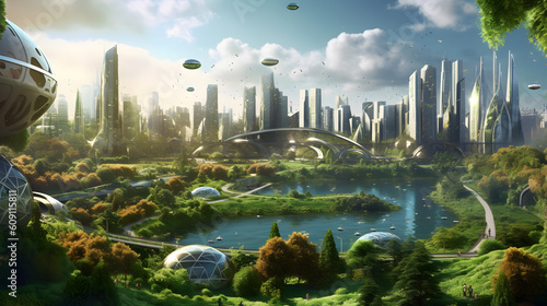 Futuristic technology city seamlessly integrated into a natural environment. Generative AI