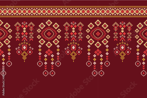 Ethnic geometric fabric pattern Cross Stitch.Ikat embroidery Ethnic oriental Pixel pattern red background. Abstract,vector,illustration. Texture,clothing,scarf,decoration,motifs,silk wallpaper.