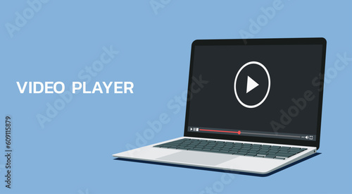 video player icon on laptop computer screen, concept of webinar, education or e-learning, business online training, and video tutorial, vector flat illustration