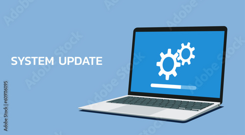 laptop computer with software system update and development concept, vector flat illustration	

