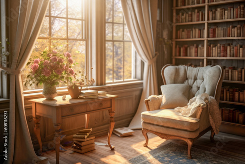 a relaxing in a comfortable armchair by a window, with soft sunlight streaming in.