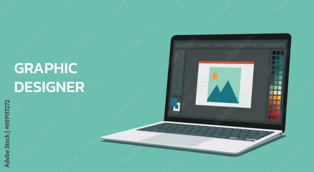 photo or image editing program software on a computer laptop for graphic designer users with color picker tab or color swatch on the screen, vector flat illustration photo or image editing program software on a computer laptop for graphic designer users with color picker tab or color swatch on the screen, vector flat illustration