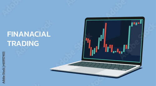 laptop computer screen with online business investment trading graph, vector flat illustration