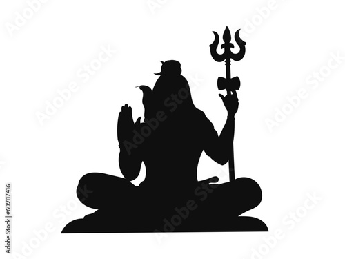 Silhouette of the Hindu god Shiva sitting in a lotus position with a trident Trishul and blessing gesture