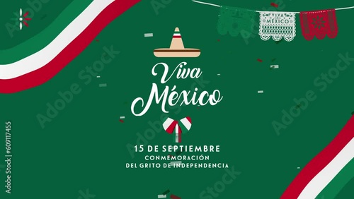 15th of September, Mexican Independence Day. An invitation for the celebration of Mexico's Independence Day, with papel picado decorations, hat, confetti, and the tricolor Mexican flag. Viva México.
