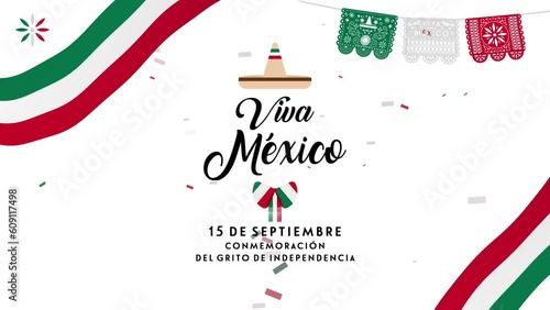 An invitation in animation for the holiday representing the celebration of Mexico's Independence Day, with colorful flags, tricolor confetti, and a lively atmosphere. Viva México.
