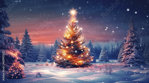 Christmas winter blurred background  Xmas tree with snow decorated with garland lights. Generative ai