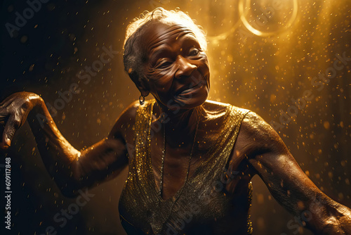 Carefree old black woman wears shiny dress and dancing at her anniversary party. Generative AI illustration