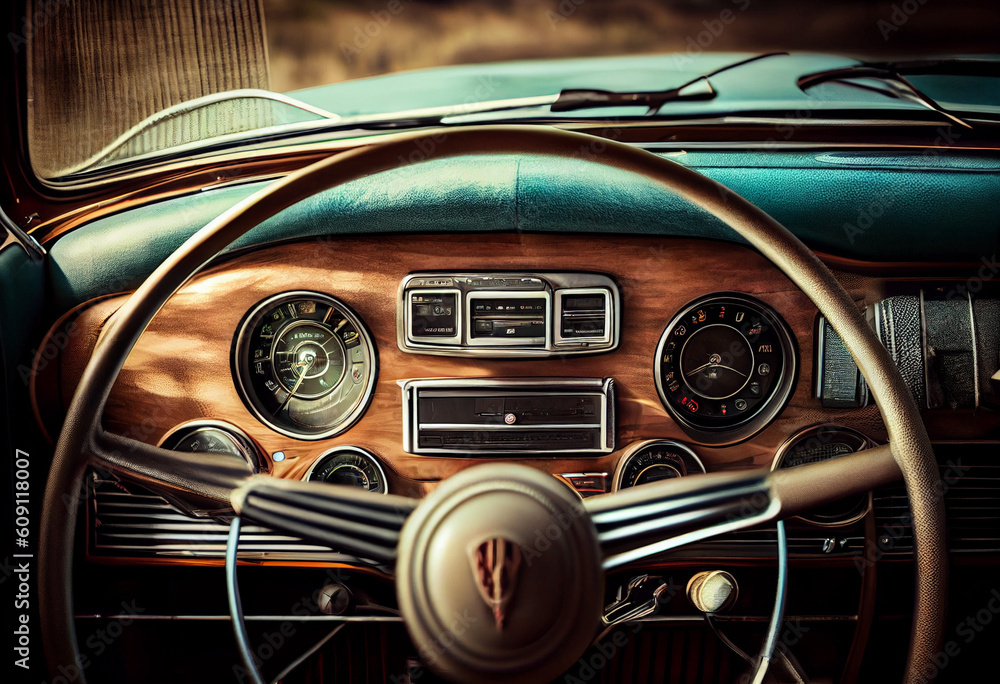 Dashboard and steering wheel of an old fashioned car. Style, car interior 50-60 years. AI generated.