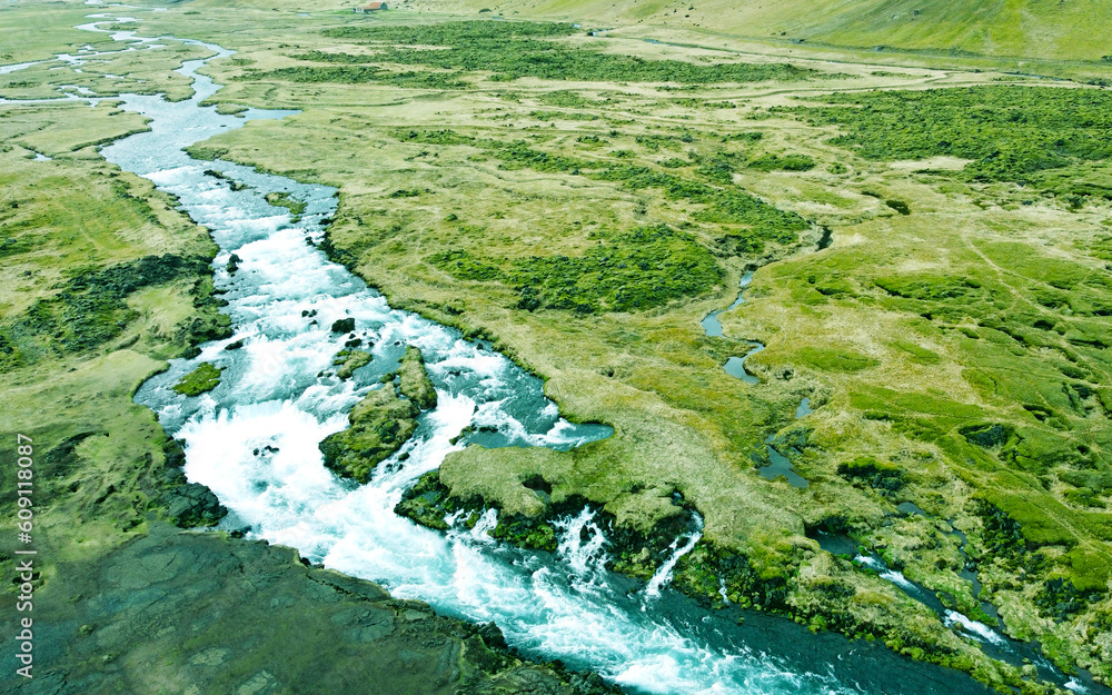 Aerial view of the beautiful northern river, the landscape of Iceland. Photography for tourism background, design and advertising