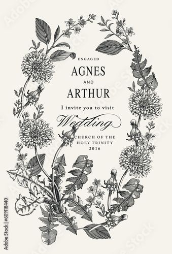 Dandelion isolated floral. Thank You. Wedding invitation baroque. Beautiful blooming realistic flowers. Vintage greeting card. Drawing engraving frame. Wallpaper vector illustration