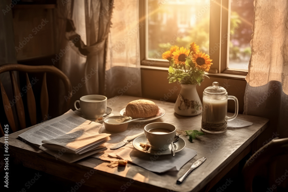 Fototapeta premium Morning coffee and newspaper on a cozy breakfast table.