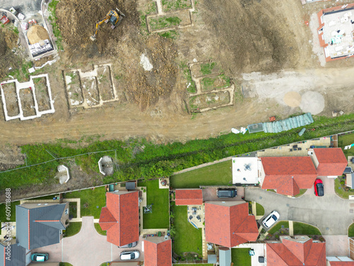 Valokuva Drone top down view of groundworks underway for expansion of a newly housing estate in East Anglia, UK