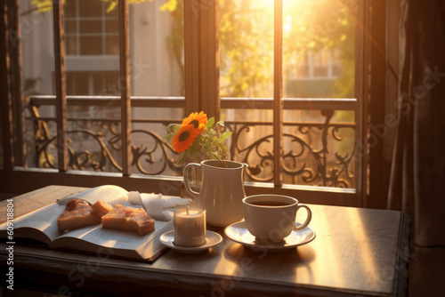 Morning coffee and newspaper on a cozy breakfast table.