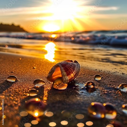 sunset on sea beach sun light ray reflection on sea water and wild amber gemstone and seashell on sand,blurred light,generated ai