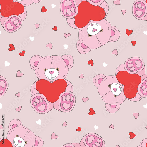  Cute vintage soft teddy bear toy vector seamless pattern. Romantic Valentines Day background.