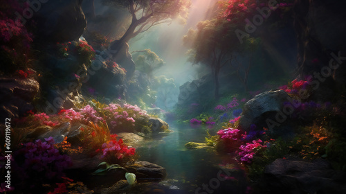 Step into a world of enchantment and wonder with a stunning, hyper-realistic image of nature that captures the essence of its magical beauty. Created using generative AI. © Ken