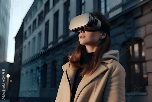 A girl in virtual reality glasses is walking around the city, Generative AI 6