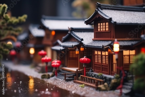 A miniature model of a japanese village with lanterns. Generative AI. © Friedbert